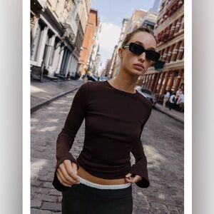 ZARA NWT Crewneck Elegant Brown Knit Long Bell Sleeves Top Size M